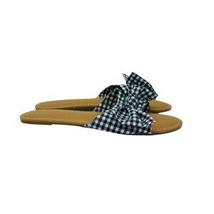 Old Navy Sandals Womens Size 9 Blue Plaid Pattern Bow Slides Shoes Beach